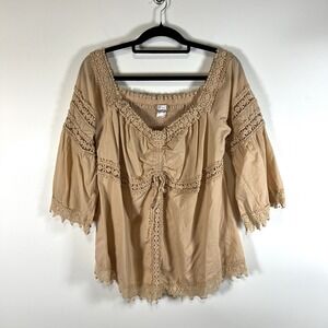 Venus Boho Hippy Peasant‎ Crochet-Trim Cutout blouse Peachy Pink Size 1X Whimsy